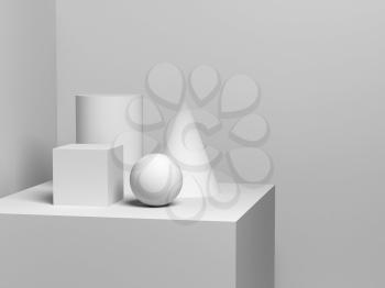Abstract still life installation with white geometric shapes. 3d render illustration
