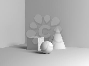 Abstract classical still life installation with white primitive geometric shapes. 3d illustration