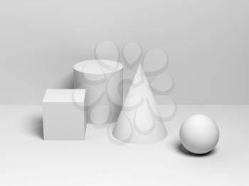 Abstract classical still life installation with white primitive geometric shapes. 3d render