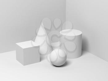 Abstract still life installation with white primitive geometric shapes. 3d render illustration