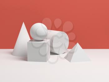 Abstract still life with white simple geometric shapes. 3d render illustration

