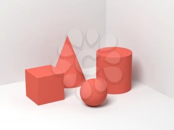 Abstract still life with simple geometric shapes on white background. 3d render illustration