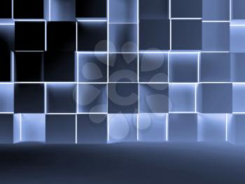 Abstract digital  background with dark blue glowing cubes installation. 3d illustration
