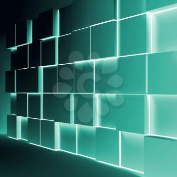 Abstract square background with green glowing cubes installation. 3d illustration