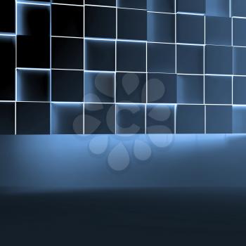 Abstract dark square background with blue glowing cubes installation. 3d illustration