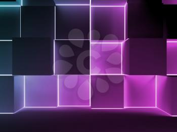 Abstract dark digital background with colorful glowing cubes installation. 3d illustration