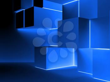 Abstract digital graphic background with blue glowing cubes installation. 3d illustration