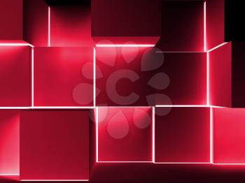 Abstract digital graphic background with red glowing cubes installation. 3d illustration