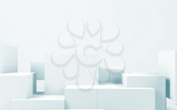 Abstract white  background with random cubes installation, blue toned 3d render illustration