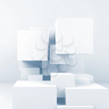 Abstract square digital background with  installation of cubes in empty interior. 3d render illustration