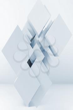 Abstract digital background with installation of cubes in empty interior. 3d render illustration
