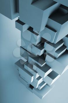 Abstract vertical digital background with   cubes installation. Blue toned 3d render illustration