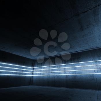 Corner of empty dark concrete interior with blue light lines, 3d render illustration