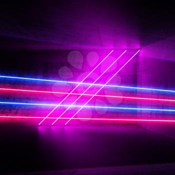 Abstract square digital graphic background with glowing colorful neon light lines, 3d render illustration