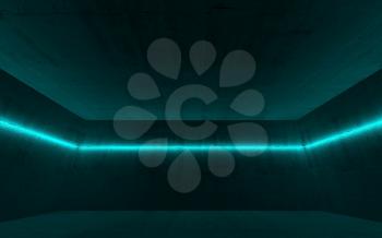 Abstract empty dark concrete interior with glowing cyan neon light line, 3d render illustration