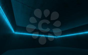 Abstract empty dark concrete interior with glowing blue neon light line; 3d render illustration