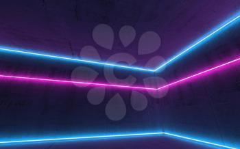Abstract dark interior background with colorful neon lights, 3d render illustration