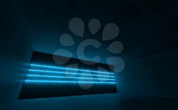 Abstract  concrete room interior background with four horizontal blue neon light lines on wall, 3d render illustration