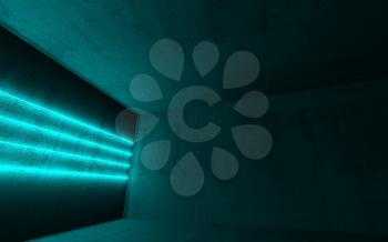 Abstract dark concrete room interior background with four horizontal cyan neon light lines on the wall, 3d render illustration