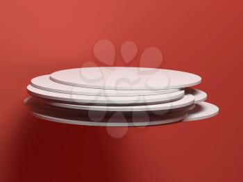 White cylindrical podium object flying over empty red wall, 3d render illustration