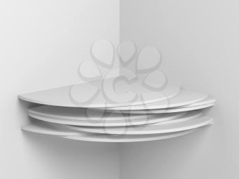 White cylindrical shelf installation in empty corner, 3d render illustration