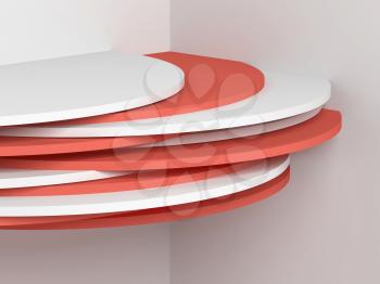 Cylindrical shelf installation in empty white corner, 3d render illustration