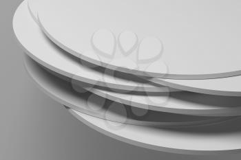 Pile of random shifted discs, abstract white digital background. 3d render illustration