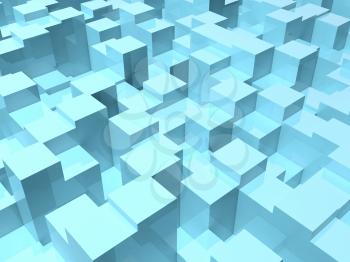 Abstract digital background with random extruded shiny blue boxes. 3d illustration