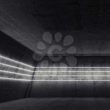 Grungy empty dark concrete interior with neon light lines, square 3d render illustration