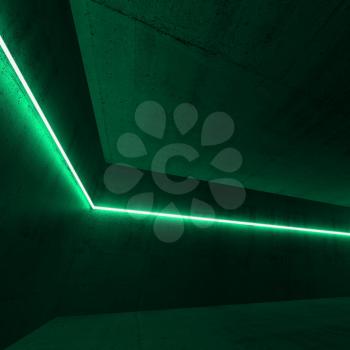 Empty dark concrete interior with green neon light line, square 3d render illustration