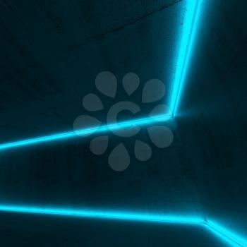 Abstract empty concrete interior with blue neon lines, square 3d render illustration