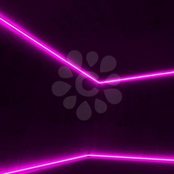 Abstract empty dark concrete interior with pink neon light lines, square 3d render illustration