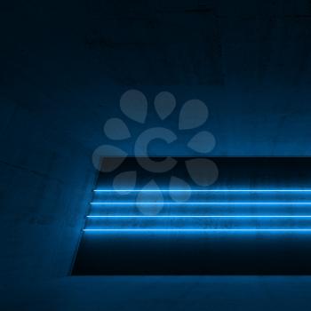 Abstract empty dark concrete interior with four cyan neon light lines, square 3d render illustration