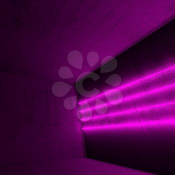 Abstract empty dark concrete interior with purple neon light lines, square 3d render illustration