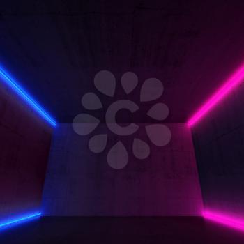 Abstract empty dark concrete interior with colorful neon light lines, square 3d render illustration