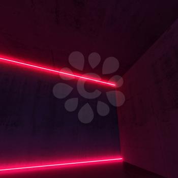 Abstract empty dark concrete interior with red neon light lines, square 3d render illustration