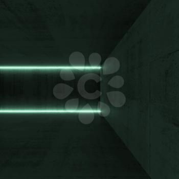 Abstract empty dark concrete interior with green neon light lines, square 3d render illustration