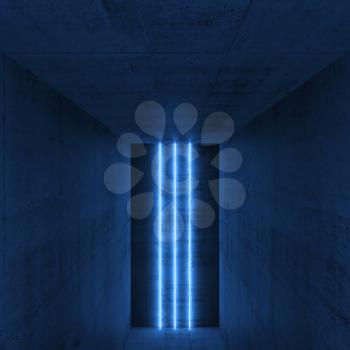 Abstract empty concrete interior with neon light lines, square 3d render illustration