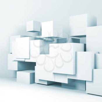 Abstract white room interior background with  cubes installation. Light blue toned square 3d render illustration