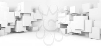 Abstract white digital interior background with random geometric structure of cubes on sides of the room. 3d render illustration