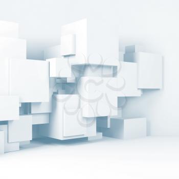 Abstract white room interior background with  cubes installation. Light blue toned 3d render illustration