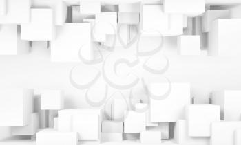 Abstract white digital background with random installation of cubes and copy space area, 3d render illustration