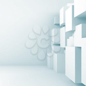 Abstract empty interior background with  white cubes installation. Light blue toned 3d illustration