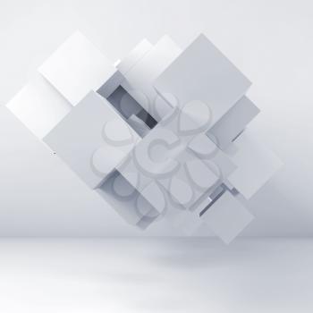 Abstract square background with random structure of cubes in empty white interior. Light blue toned 3d render illustration