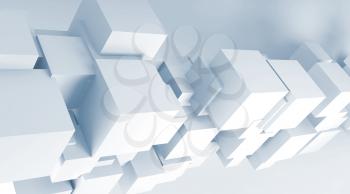 Abstract digital background with random cubes installation. Light blue toned 3d render illustration
