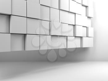 Abstract white room interior background with  random extruded cubes panel. 3d render illustration
