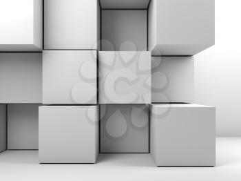 Abstract white CG background, installation of cubes in empty room interior. Front view. 3d render illustration