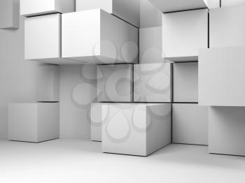 Abstract white room interior with random extruded cubes installation. 3d render illustration