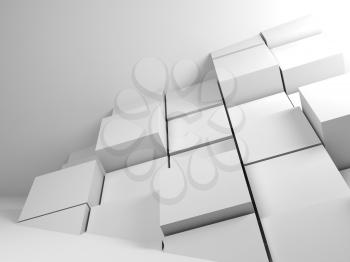 Abstract white CG background with random extruded cubes decoration structure in empty room. 3d render illustration