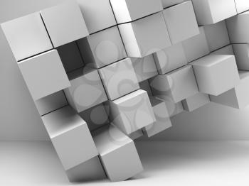 Abstract white empty room interior background with  random extruded cubes installation. 3d illustration